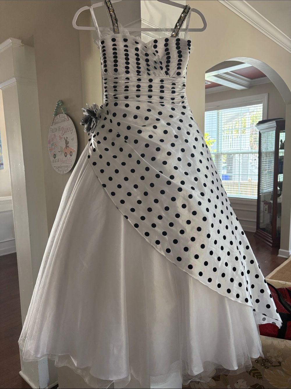 White Polka Dot pageant dress by Tiffany